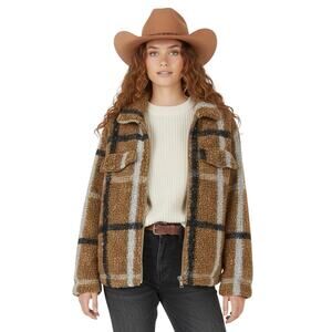 Stoosh Plaid Sherpa Fleece Jacket Womens L Brown Cozy Winter Rustic Country